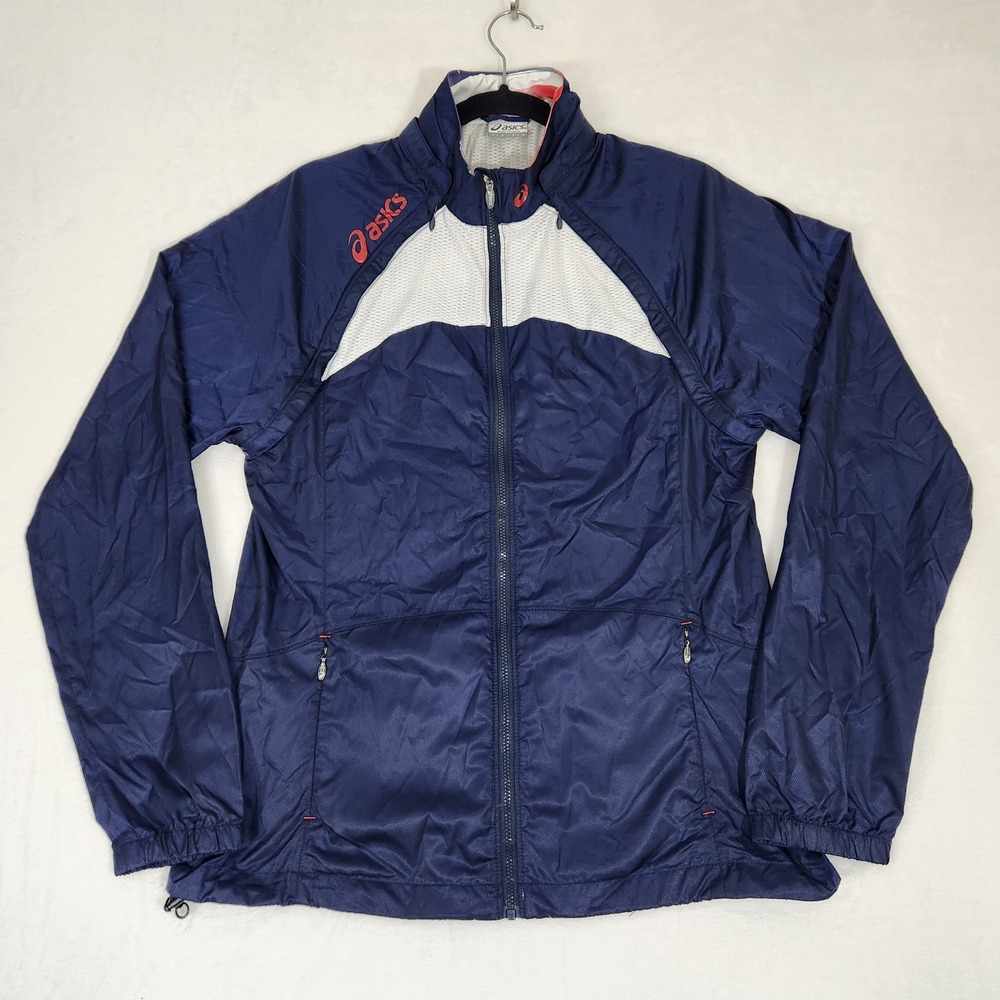 Asics Womens Navy Blue Full Zip Running Windbreaker Jacket PWT1555WT Large